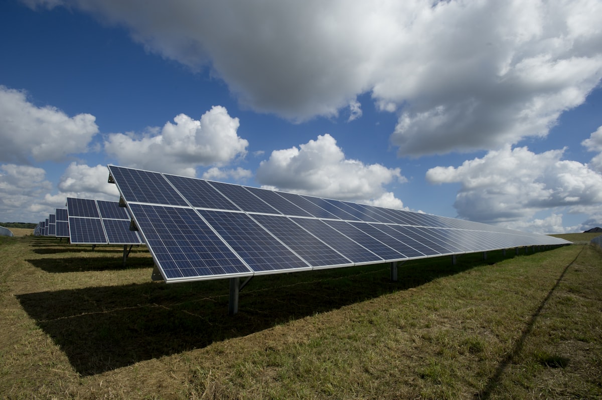 Solar panel installation at solar farm renewable energy facility
